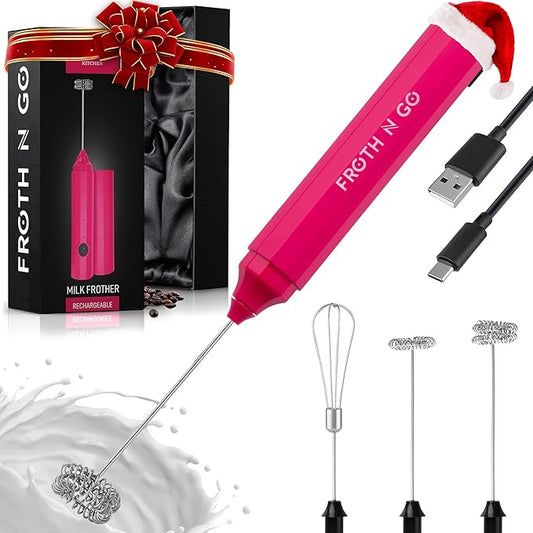 Zulay Froth N Go Milk Frother ??Rechargeable 3-in-1 Handheld Frother Wand with Travel Case & USB-C Charger ??Single, Double & Egg Whisk for Latte, Cappuccino, Matcha, Protein Shakes ??Dragonfruit