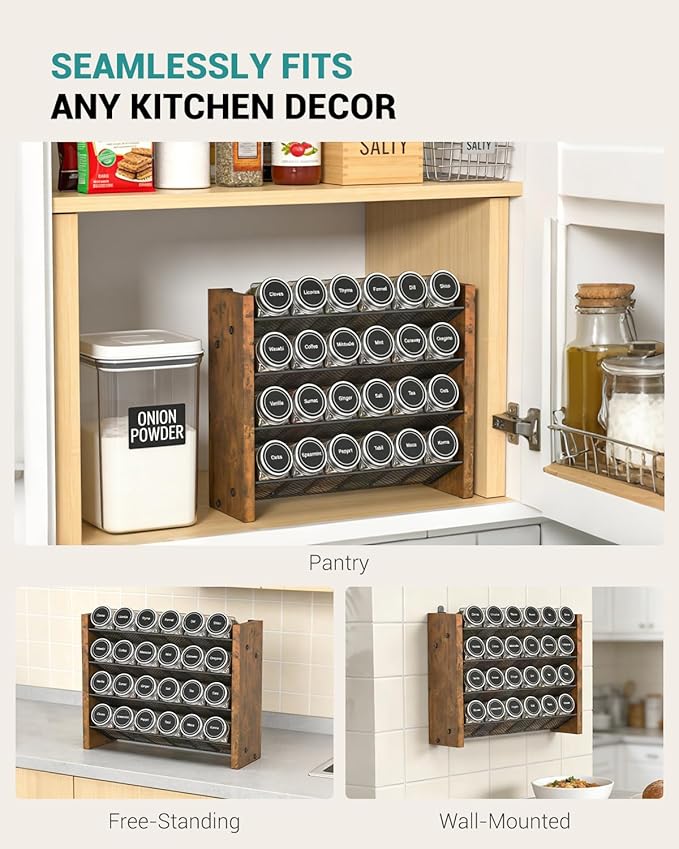 NESAPTO Spice Rack Organizer for Cabinet, Wooden 4 Tier Vertical Seasoning Organizers for Kitchen Pantry, Countertop/Wall Mount, Holds 24 Spice Jars (No Jars Included),12.2" W 횞 9.4" H