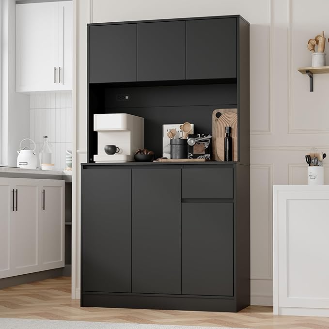 71" Tall Black Kitchen Pantry Cabinet with 6 Doors & Power Outlet, Freestanding Storage Hutch with Countertop, Adjustable Shelves for Dining Room, Laundry Room