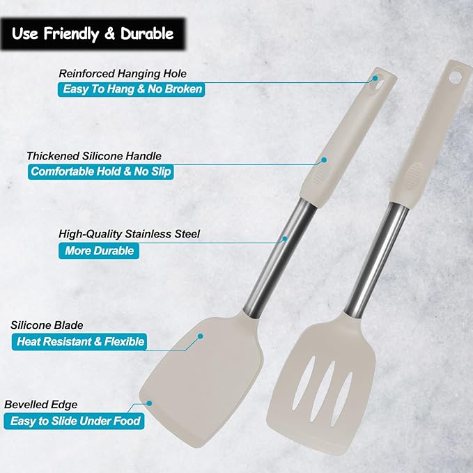 Silicone Spatula and Cooking Spoon,5 Pack Non-Stick Cooking Utensils for Kitchen竊똇eat Resistant Solid & Slotted Spoons and Spatulas, Stainless Steel Handle Coated with Silicone, Khaki
