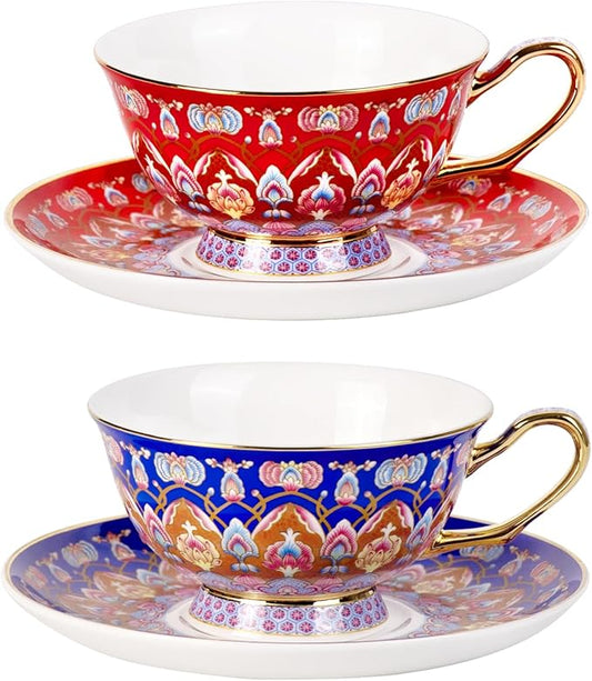 KAMMAK Tea Cups and Saucers Set of 2, Porcelain Coffee Cups with Saucer for Espresso, Cappuccino, 8oz Vintage Red and Blue Ceramic Novelty Mug for Home, Tea Party, Office