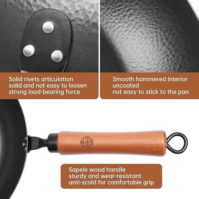 WANGYUANJI 11-Inch Carbon Steel Frying Pan with Beech Wooden Handle & Glass Lid - Physical Non-Stick, Non-Coating Skillet for Induction, Saut챕ing, Frying, Stir-Frying