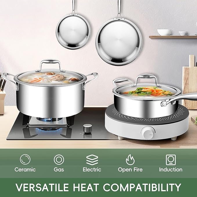 11-Piece Pots and Pans Set, 18/10 Stainless Steel Cookware Set, Induction Compatible, PFOA-Free Coating, Dishwasher Safe, Includes Frying Pan & Sauce Pan with Lids