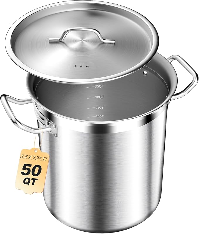 50 Quart Stainless Steel Stock Pot with Lid ??Heavy Duty Cooking Pot for Soup, Commercial Soup Pots, 3-Ply Induction Bottom, Oven Safe