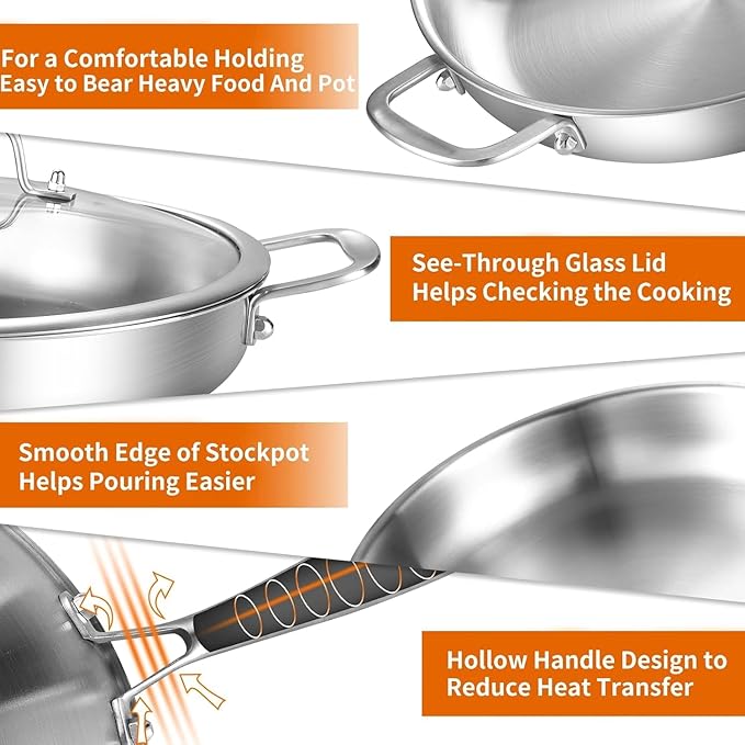 DELARLO 2-Piece Stainless Steel Pan 12-inch & 14-Inch, Frying Pan with Lid, Heavy Duty, Compatible with Induction, Electric up to 650?? Fast & Even Heating, Durable, Dishwasher, Oven Safe Skillet