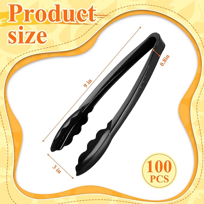Tessco for you 100 Pcs Plastic Tongs for Serving Bulk, 9 Inch Plastic Disposable Serving Tongs Heavy Duty Salad Utensils for Kitchen Buffets BBQ Events Catering (Black)