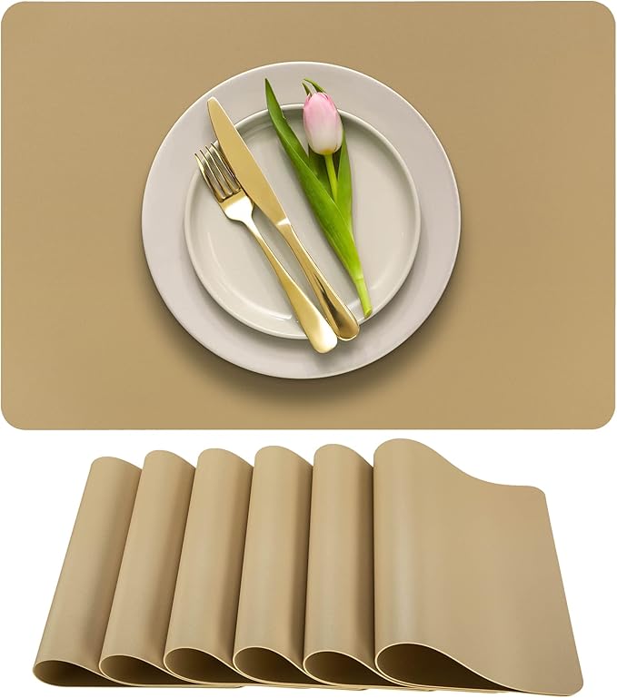 More D챕cor Faux Leather Placemats Set of 6 for Dining Table ??Waterproof, Wipeable, Washable, Stain & Heat Resistant, Non-Slip Table Mats ??12 X 17 Inch, (Solid Beige 6)
