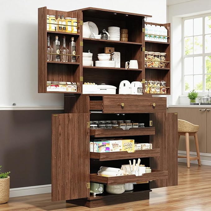IRONCK Farmhouse Kitchen Pantry Cabinet, 72" Tall Pantry Cabinets with 2 Pull Doors and Drawer Organizing Board Storage for Home Kitchen Dining Room, Walnut Brown