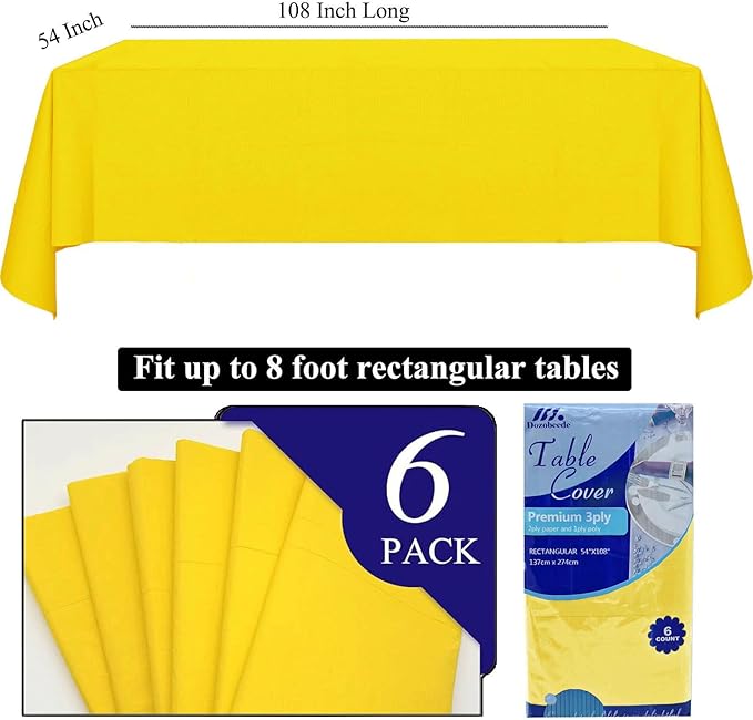 [6 Pack] Yellow Paper Tablecloth Disposable for Rectangle Tables, 54 X 108 Inch Party Table Cover with Plastic Backing, Waterproof 3 Ply Table Cloth for Cocktail Birthday Baby Shower