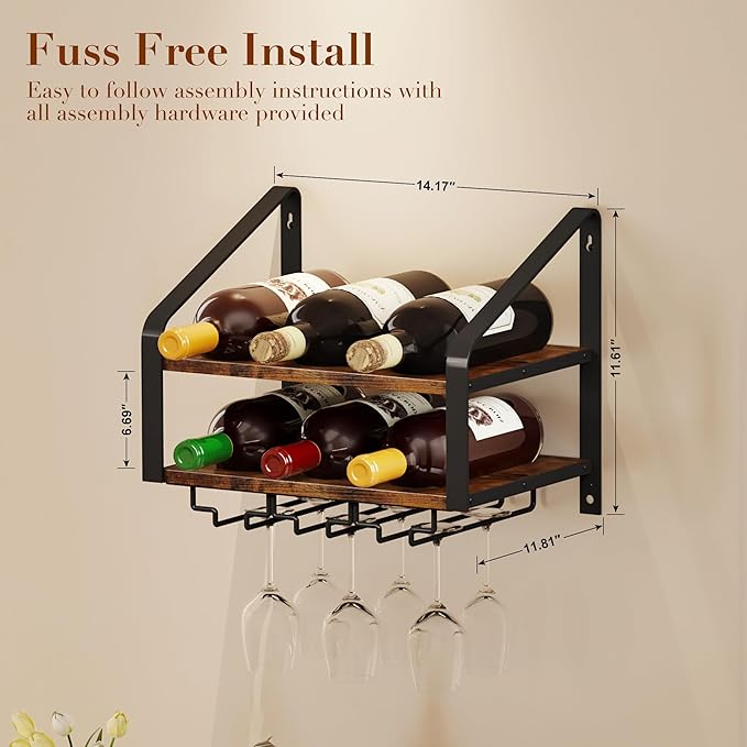 Wall Mounted Wine Rack for 6 Wine Bottles and 6 Glass Holder, 2-Tier Wall Wine Rack, Wood Wine Racks for Wall, Wood-Metal Wine Bottle Holder for Home Bar, Wine Kitchen Storage (Brown Black)