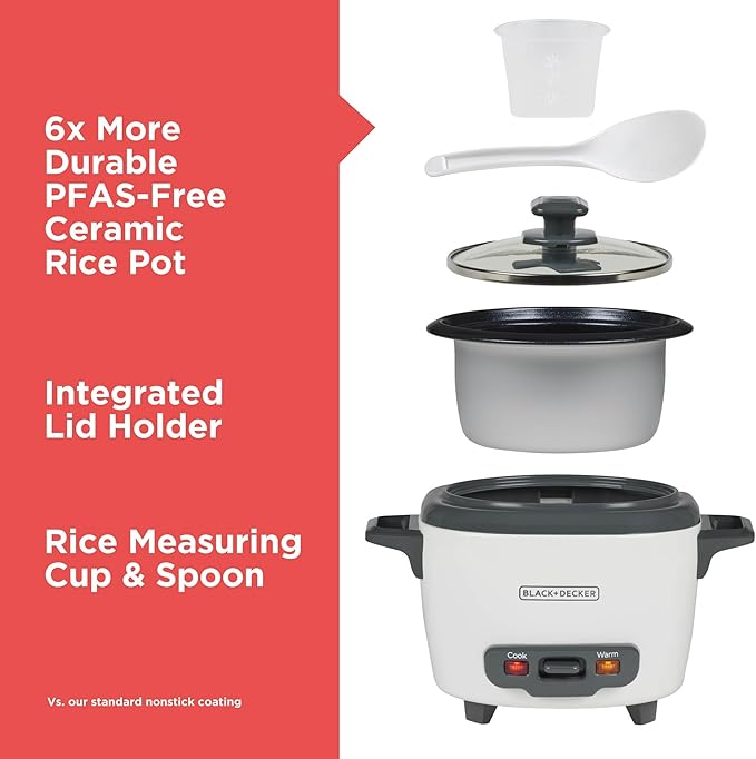 BLACK+DECKER 3-Cup Rice Cooker, RC503, 1.5-cup Uncooked Rice, Steaming Basket, Removable Non-Stick Bowl, One Touch, White