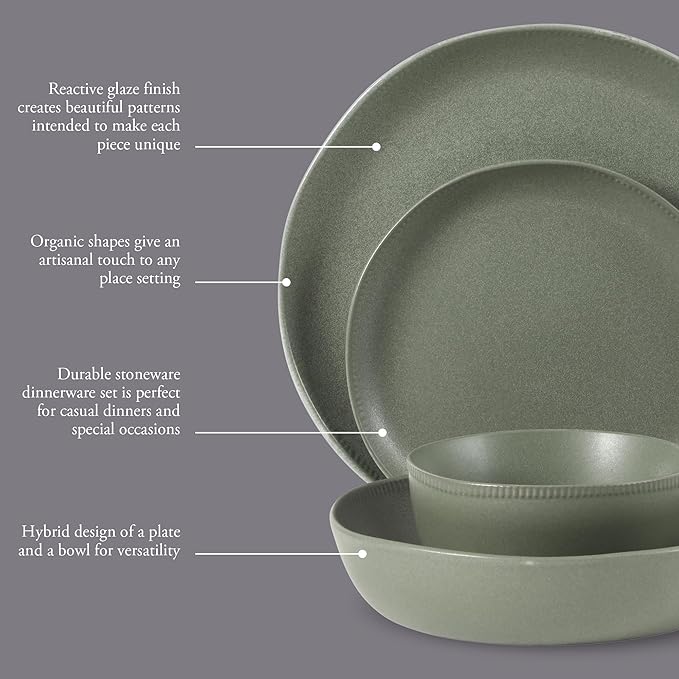 Gibson Elite Menlo Park 16-Piece Pottery Clay Stoneware Dinnerware Set ??Green Reactive Glaze, Organic Shape Embossed Plates and Bowls W/Pasta Bowl, Service for 4 ??Microwave & Dishwasher Safe