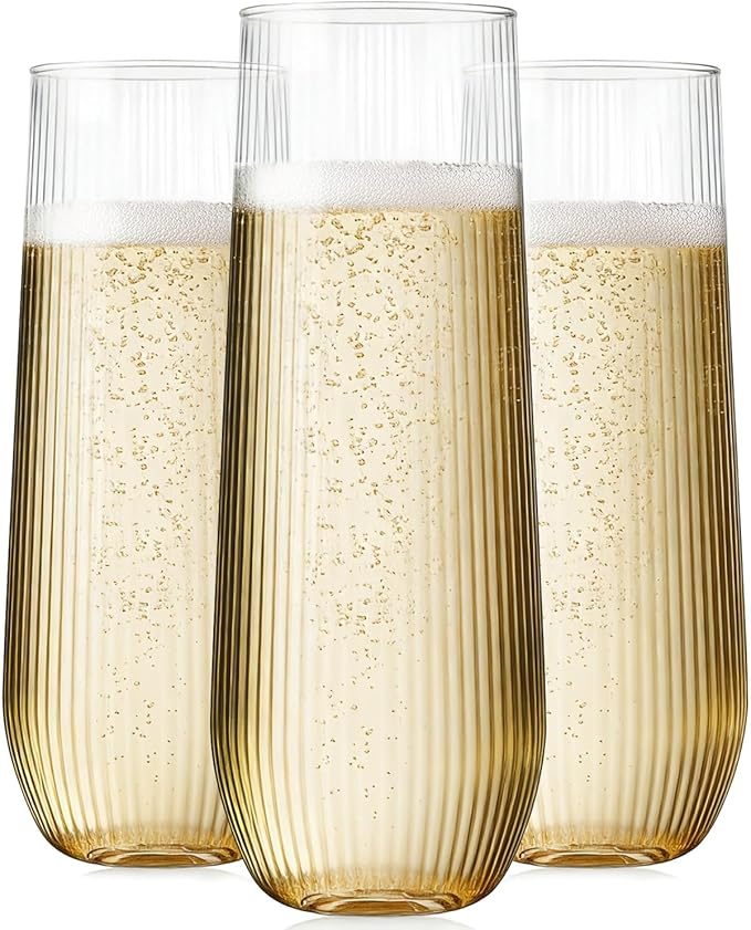 24 Pcak Ribbed Champagne Flutes Plastic, 9 Oz Disposable Stemless Mimosa Toasting Glasses, Clear Crystal Plastic Cocktail Cups for Party Wedding Birthday (Origami Ripple)