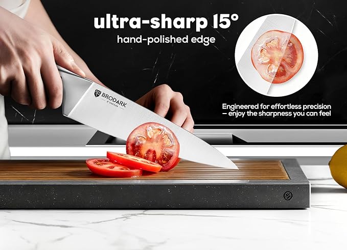 BRODARK Knife Block Set: Kitchen Knives Set with Block and Sharpener, 15 Pcs Ultra Sharp Chef knife, High Carbon Stainless Steel, Ergonomic Handle Non-Slip Grip, Silver Wolf Series with Gift Box