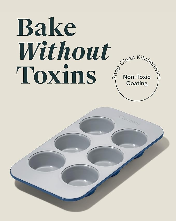 Caraway Nonstick Ceramic 6 Cup Muffin Pan ??Non-Toxic, PTFE & PFOA Free ??Oven Safe ??Aluminized Steel Core ??Small Muffin Pan for Baking Cupcakes, Muffins & More - Navy