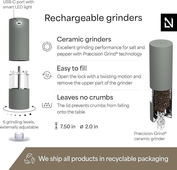 LARS NYS횠M Electric Salt and Pepper Grinder Set I Automatic Salt and Pepper Mills with Adjustable Ceramic Grinder I USB Rechargeable Electric Spice Mill Set with LED Light (Ash Gray)
