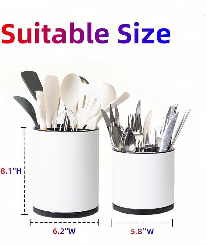 Kitchen Utensil Holder Extra Large Rotating For Counter Organizer Stainless Steel Storage Cooking Silverware Caddy 3 Compartment Flatware Spoon Spatula Tool Cutlery Container(2 Set White)