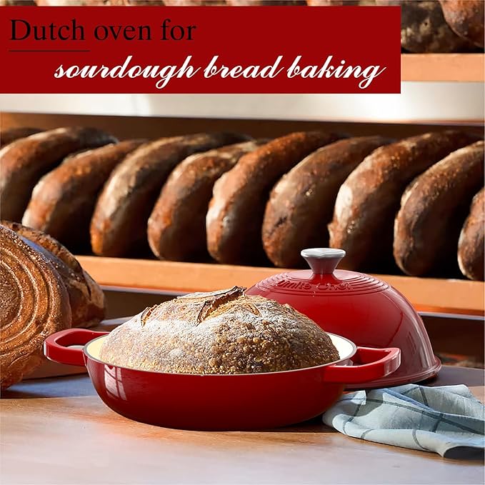 Enamelled Cast Iron Dutch Oven Pot ??Dutch Oven Pot with Lid For Sourdough Bread Baking ??Cast Iron Bread Oven ??Red, Umite Chef 6QT Pot with Lid & Cotton Potholders