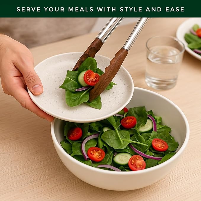 Walnut Wood Kitchen Tongs ??12-Inch Nonstick-Safe Wooden Salad & Grill Tongs for Cooking, Serving, BBQ, and Tossing Salad ??Durable Stainless Steel Core with Natural Wooden Tips
