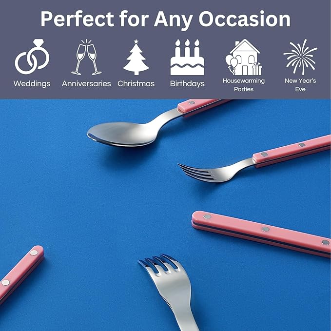 Khen Cutlery Set of 20, 18/8 Stainless Steel Flatware, Modern Silverware for Home, Kitchen, Dining & Table Setting for 4 ??Stainless Steel, Dishwasher Safe, Lightweight & Ergonomic Design Gift - Pink