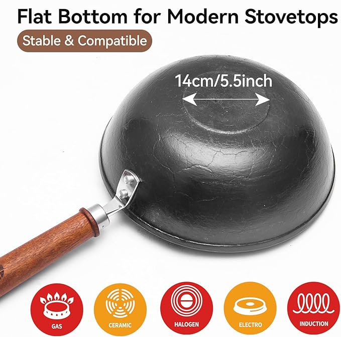 WANGYUANJI 9.5 Inch Cast Iron Wok with Glass Lid ??Small Flat Bottom Stir Fry Pan with Wooden Handle, Non-Coated Cookware for Gas & Open Flame