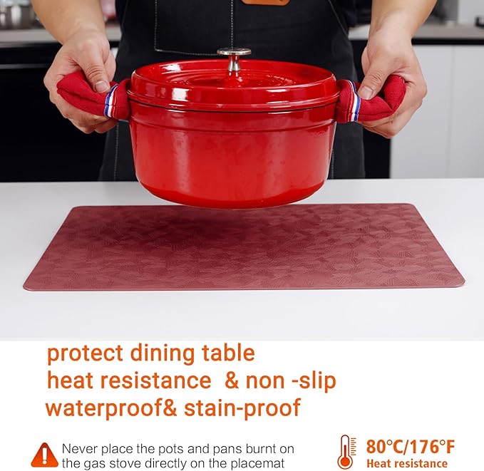 Bxzandya Vinyl Placemats Set of 12 Heat Resistant Easy Clean Non-Slip Place Mats for Dining Table Faux Leather Waterproof Stain Resistant Wipeable Washable PVC Table Mats(12, Red)