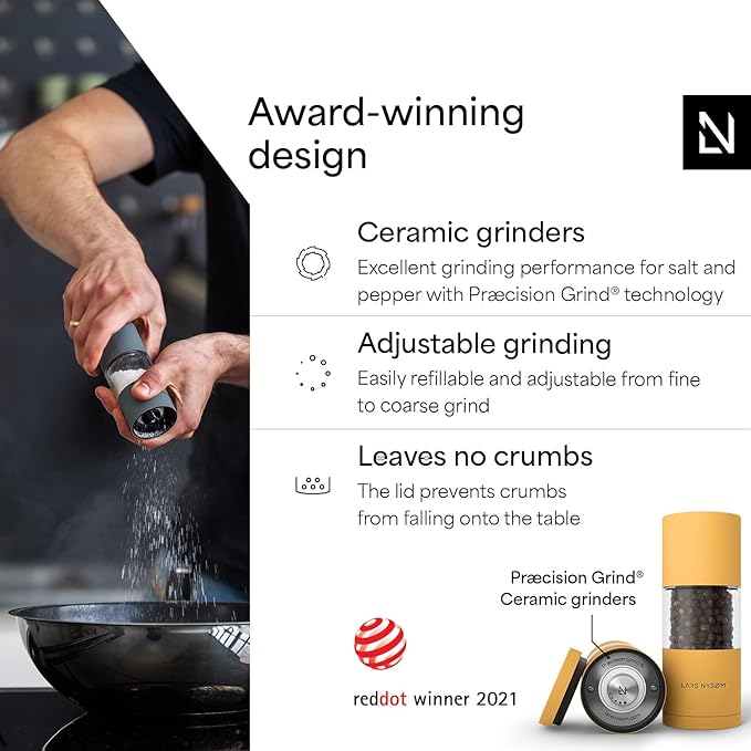 LARS NYS횠M Salt and Pepper Grinder Set, Manual Salt and Pepper Mills with Adjustable Ceramic Grinder, Design Spice Shaker Set (Mustard Yellow)