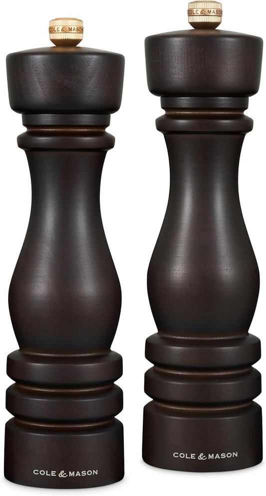 Cole & Mason London Refillable Spice Mill - Kitchen & Home Accessory - Salt & Pepper Grinder Set - Salt Mill with Ceramic Mechanism - Pepper Mill with Carbon Steel Mechanism - 8", Chocolate Wood