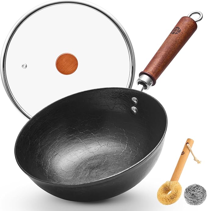 WANGYUANJI 9.5 Inch Cast Iron Wok with Glass Lid ??Small Flat Bottom Stir Fry Pan with Wooden Handle, Non-Coated Cookware for Gas & Open Flame
