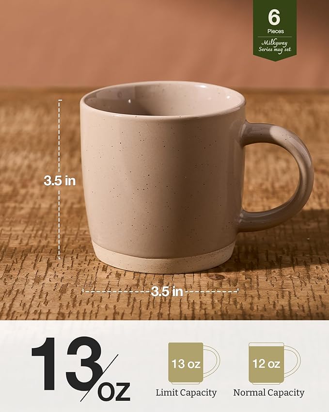 famiware Coffee Mugs for 6, 13 oz Mug Set, Dringking Cup with Handle for Coffee, Tea, Cocoa, Milk, Milkyway serise, Cinnamon Brown
