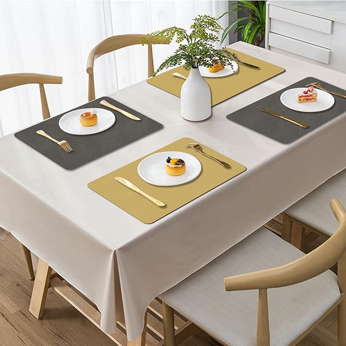BLESWIN Faux Leather Placemats, PU Dining Table, Waterproof and Oil Resistant Easy to Clean, Heat Resistant Reversible Use Table Mats for Kitchen, Dining Table, Outdoor ??12 횞 17 Inch, Mud&Dark Yellow