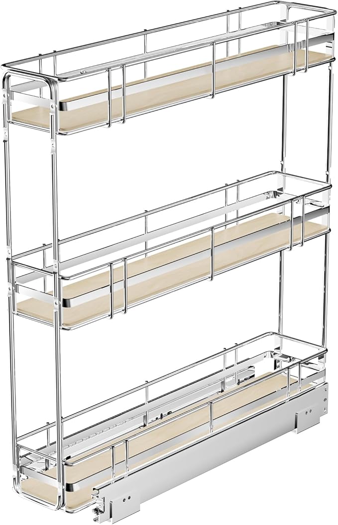 Pull Out Spice Rack Cabinet Organizer 6" W x 20쩍" D, 3 Tier Heavy Duty Slide Out Wood Shelf for Narrow Cabinet, Pull Out Storage for Kitchen