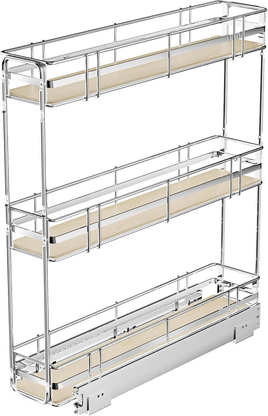 Pull Out Spice Rack Cabinet Organizer 6" W x 20쩍" D, 3 Tier Heavy Duty Slide Out Wood Shelf for Narrow Cabinet, Pull Out Storage for Kitchen