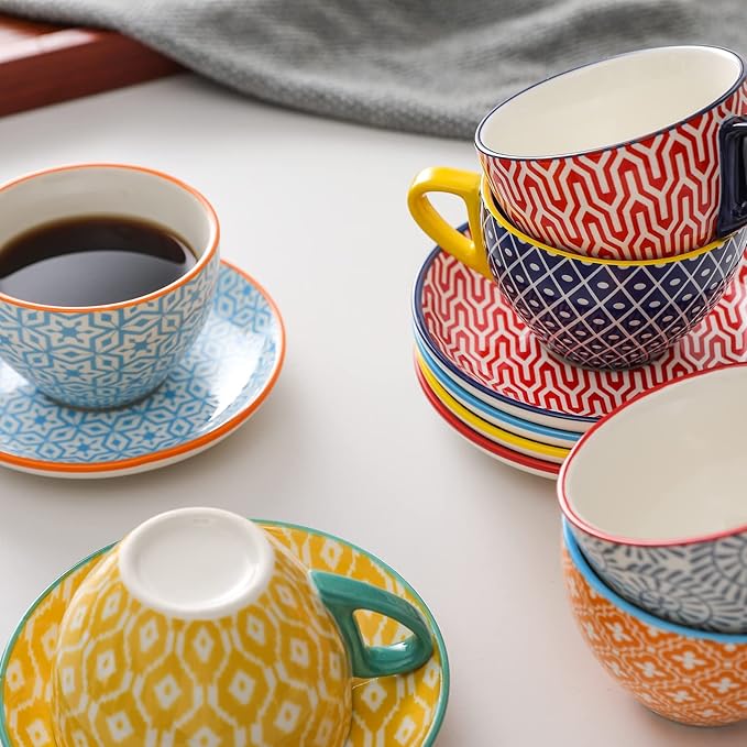Selamica Ceramic 8 oz Cappuccino Cup Set with Saucers, Espresso Coffee Cups, Latte Macchiato for Party Cafe Home, Set of 6, Assorted Colors