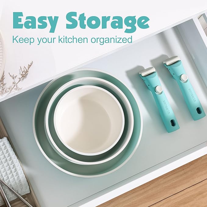 SENSARTE 17 Piece Ceramic Pots and Pans Set, Nonstick Detachable Handle Cookware, Induction Kitchen Cookware Set with Removable Handle, Dishwasher 竊?Oven Safe (Turquoise)