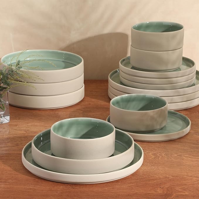 Gibson Elite Liberty Bay 16-Piece Pottery Clay Stoneware Dinnerware Set ??Mint Green Reactive Glaze, Stackable Plates and Bowls W/Pasta Bowl, Service for 4 ??Microwave & Dishwasher Safe
