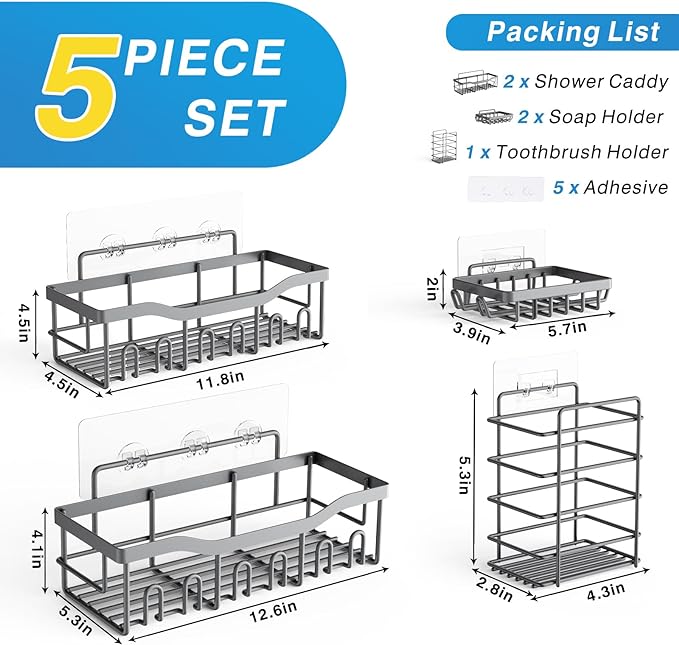 EUDELE 5-Pack Rustproof Stainless Steel Shower Caddy ??No Drill Adhesive Bathroom Organizer with Large Capacity, Spacious Shower Shelves for Inside Shower, Kitchen & Home Decor Storage-XL Size