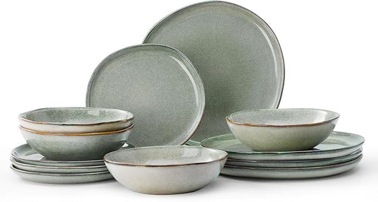 Bestone 12 Pieces Round Kitchen Dinnerware Sets竊똏lates and Bowls Sets,Dishes, Plates, Bowls, Dish Set, Chip Resistant Ceramic Dinnerware Set, Dishwasher/Microwave Safe,Service for 4,Sage green