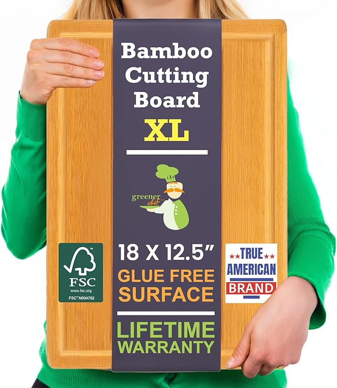 Extra Large Bamboo Cutting Board Featuring 18 Inch Wood Cutting Boards for Kitchen with Glue-Free Surface????Non-Toxic Wooden Chopping Boards, FSC-Certified, Durable Carving Boards - Rectangle