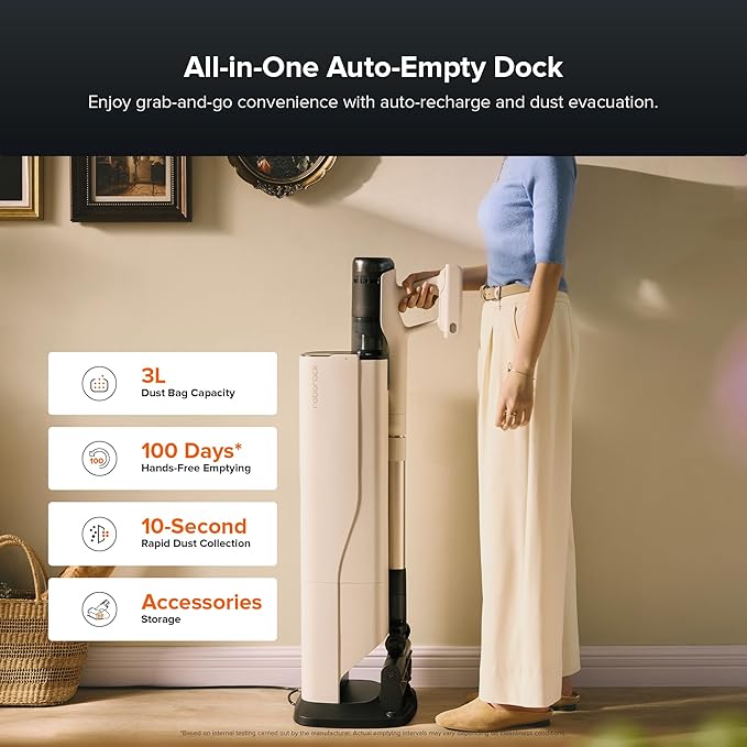 roborock H60 Hub Pro Cordless Stick Vacuum Cleaner with Auto-Empty Dock, 170AW Suction for Carpets and Pet Hair, Vacuum Cleaners with 80-Min Runtime, Anti-Tangle Brush, 140째 Green LED Dust Detection
