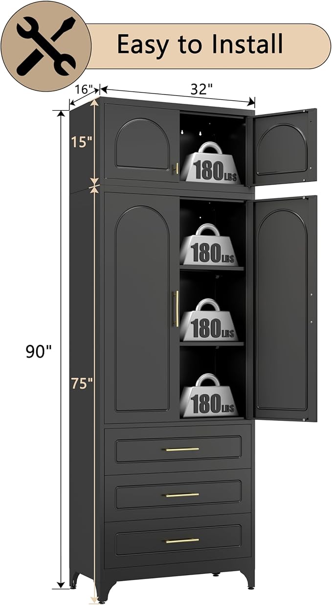 90??Tall Kitchen Pantry Cabinet,Storage Cabinet with Doors and Adjustable Shelves,Modern Kitchen Hutch Cabinets,Freestanding Cupboard for Livingroom Diningroom