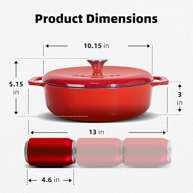 5.5 Quart Enameled Cast Iron Dutch Oven with Lid ??Dual Handles ??Oven Safe up to 500째 F or on Stovetop - Use to Marinate, Cook, Bake, Refrigerate and Serve ??Red