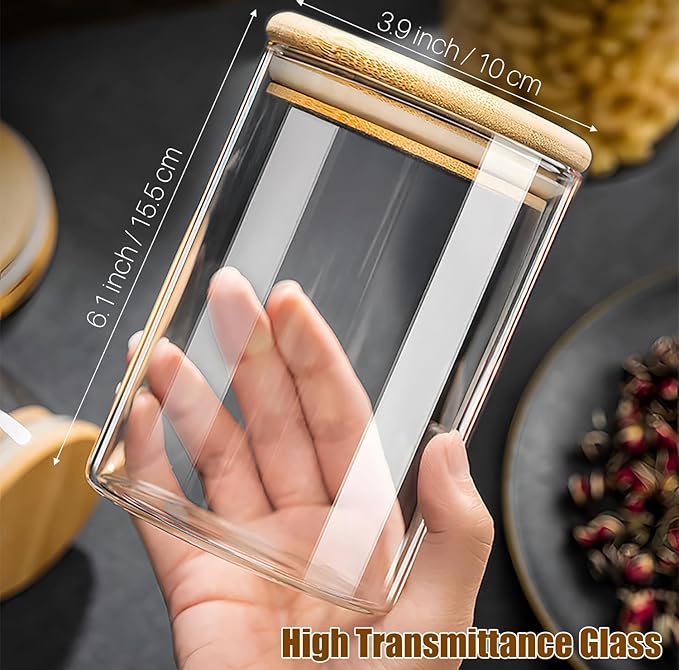 33+17 oz Glass Food Storage Jars with Airtight Lids, Clear Glass Jar with Bamboo Lid, Airtight Food Canister for Tea, Candy, Coffee, Sugar, Cookie, Snack. (Round | 5+6 Inch)