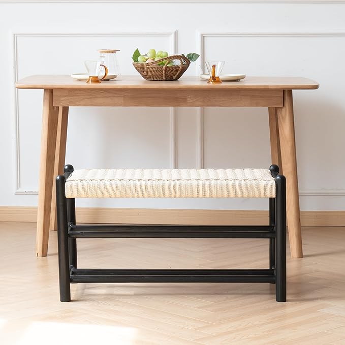 XINNAN Solid Wood Entryway Bench with Shoe Storage, Rustic Oak Wood and Woven Design 31.5 Inch Long Seating for Living and Dining Rooms, 3-Tier Black