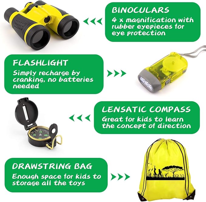 24 Pcs Kids Explorer Kit & Bug Catcher Kit for Kids, Outdoor Toys Adventure Camping Kit with Drawstring Bag, Binoculars, Compass, Butterfly Net, Educational Nature Exploration Toys Gift for Boys Girls