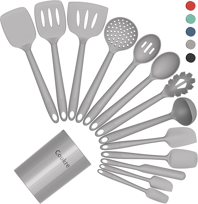 Coukre Silicone Kitchen Cooking Utensils Set with Holder ??Heat-Resistant, Food-Grade Kitchen Tools, Spatula, Spoon & Gadgets for Non-Stick Pans, Dishwasher Safe (14, PureGray)