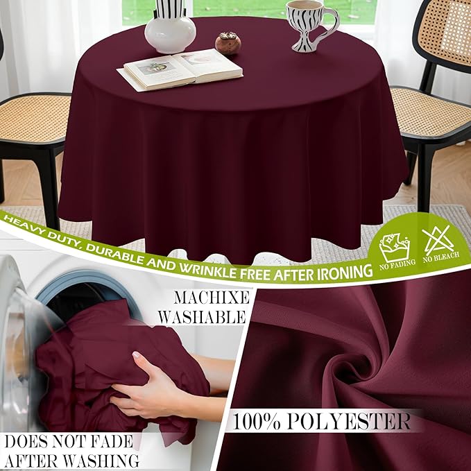 BYDOLL Table Cloth 70 Inch Round Tablecloth Fits Max60 Inch Diameter Table Top,Burgundy Polyester Washable Wrinkle-Free Spillproof Tablecloth for Party Patio Cover