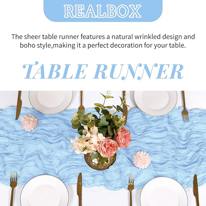 RealBox 3 Pack Baby Blue Cheesecloth Table Runner 17x108 Inch Semi Sheer Boho Gauze Cheese Cloth Fabric Table Runners Table Decor for Wedding Party Baby Shower Birthday Home Decor Garden Farmhouse