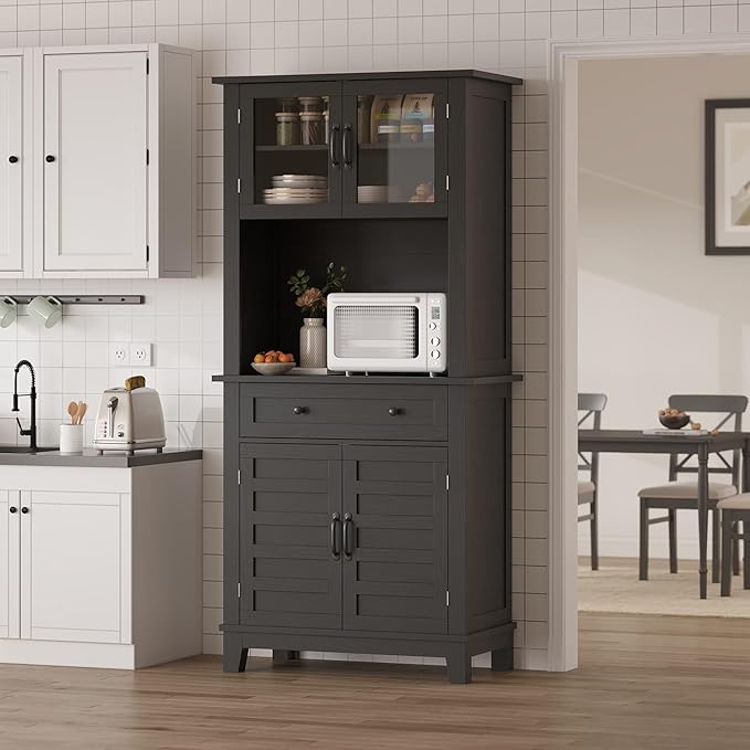 Elegant Black Modern Wood Pantry Coffee Cabinet with Ample Storage, Spacious 72" Tall Kitchen Bar Cabinet Hutch Featuring 4 Stylish Glass Doors & 1 Smooth Drawer, Versatile Stand-Alone Food Pantry