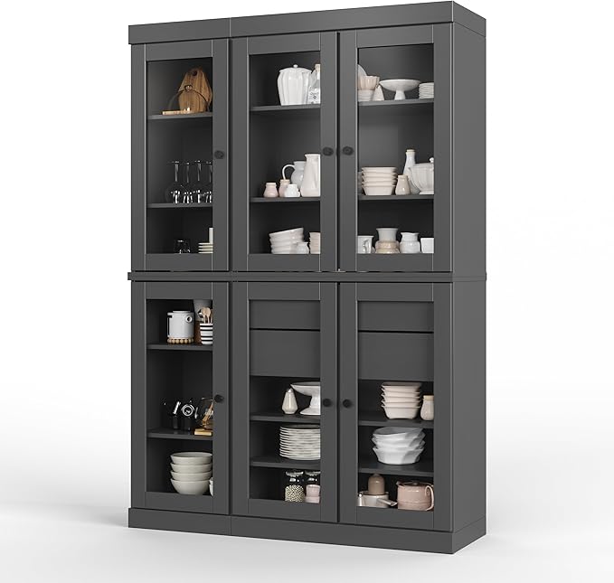 Palace Imports 100% Solid Wood 48.5" Pantry China Cabinet with Clear Glass Doors, 2-Drawers and Adjustable Shelves (Gray)